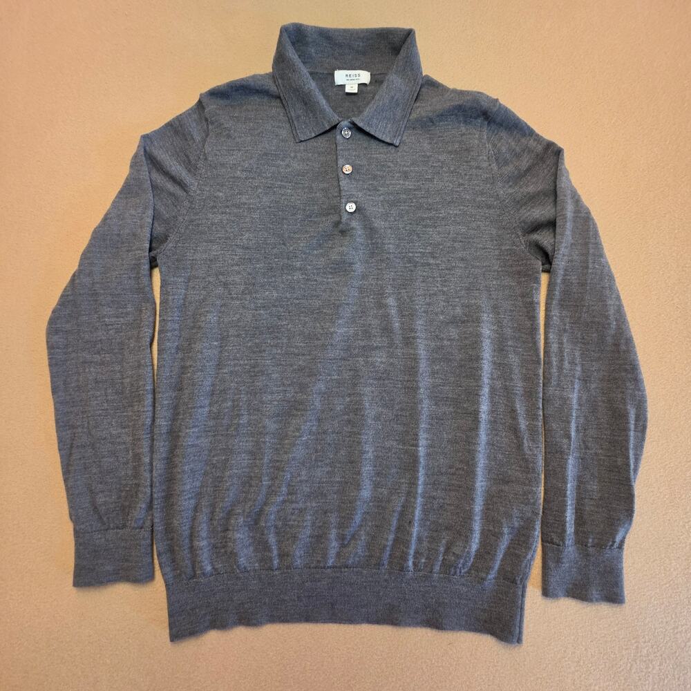Reiss Trafford Long-Sleeve 100% Fine Merino Wool Polo Shirt Gray Sz Medium